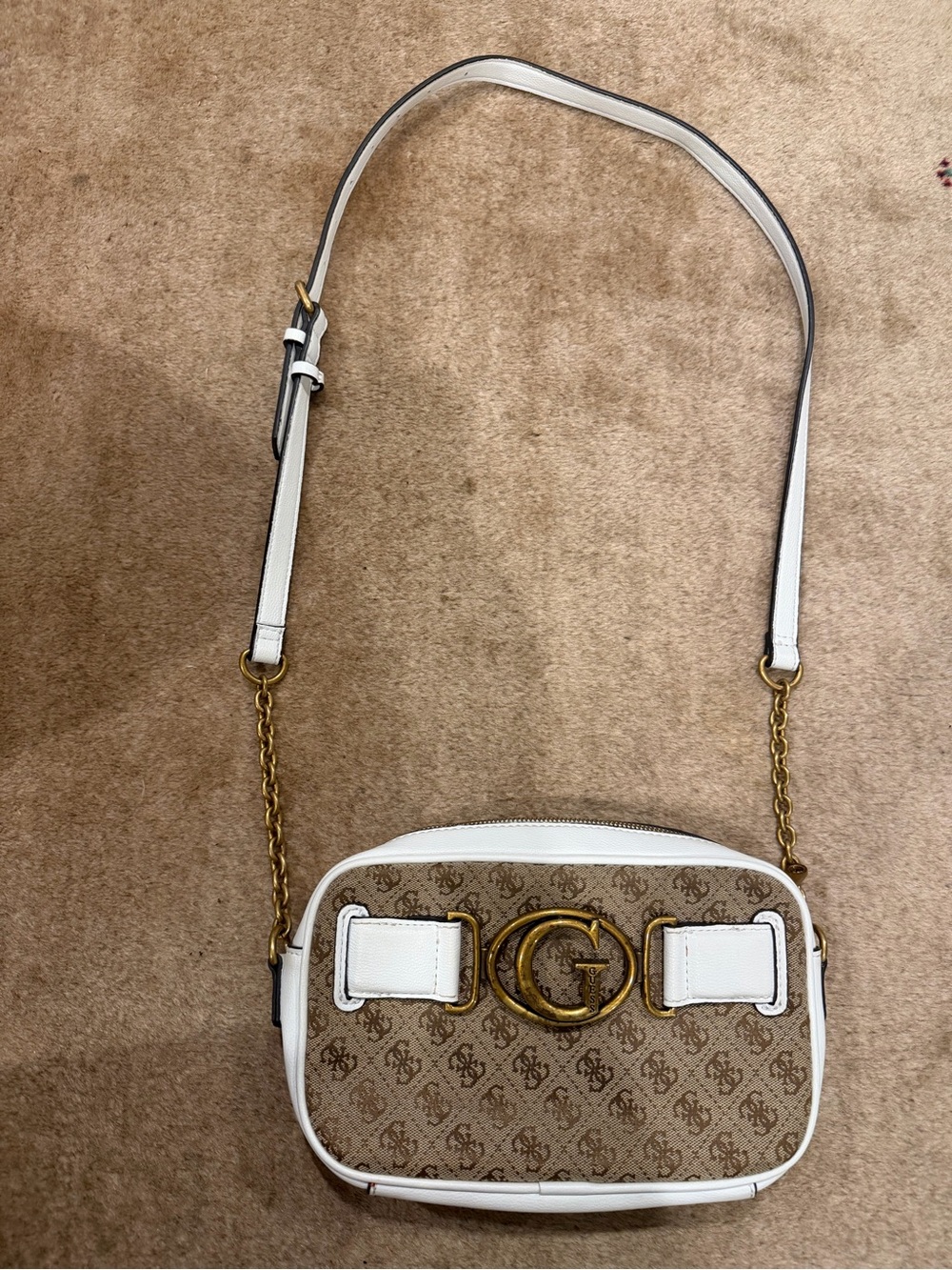 Guess Brown Monogram Crossbody with White Trim and Gold Logo